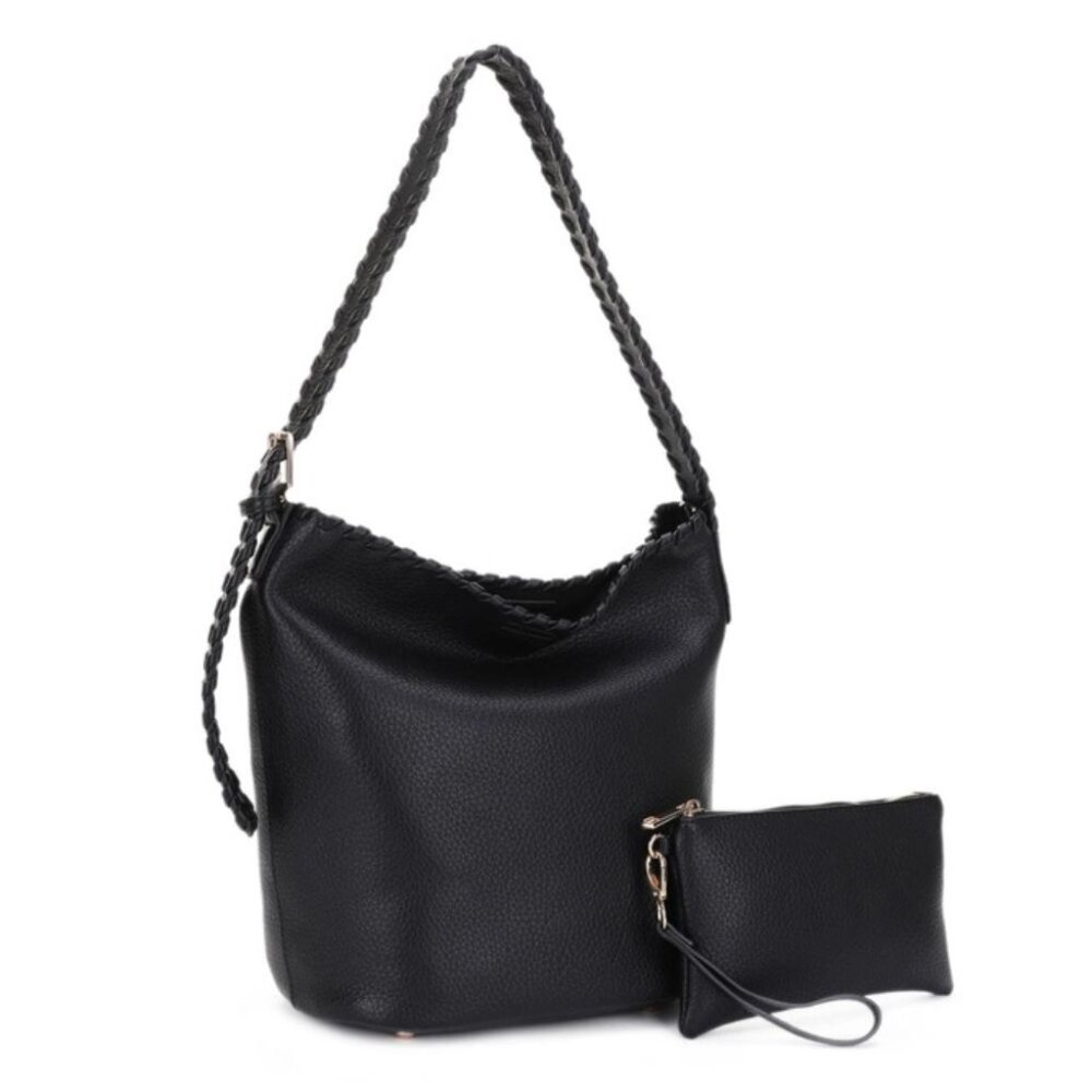 Black Braided Handle Strap Hobo with Pouch